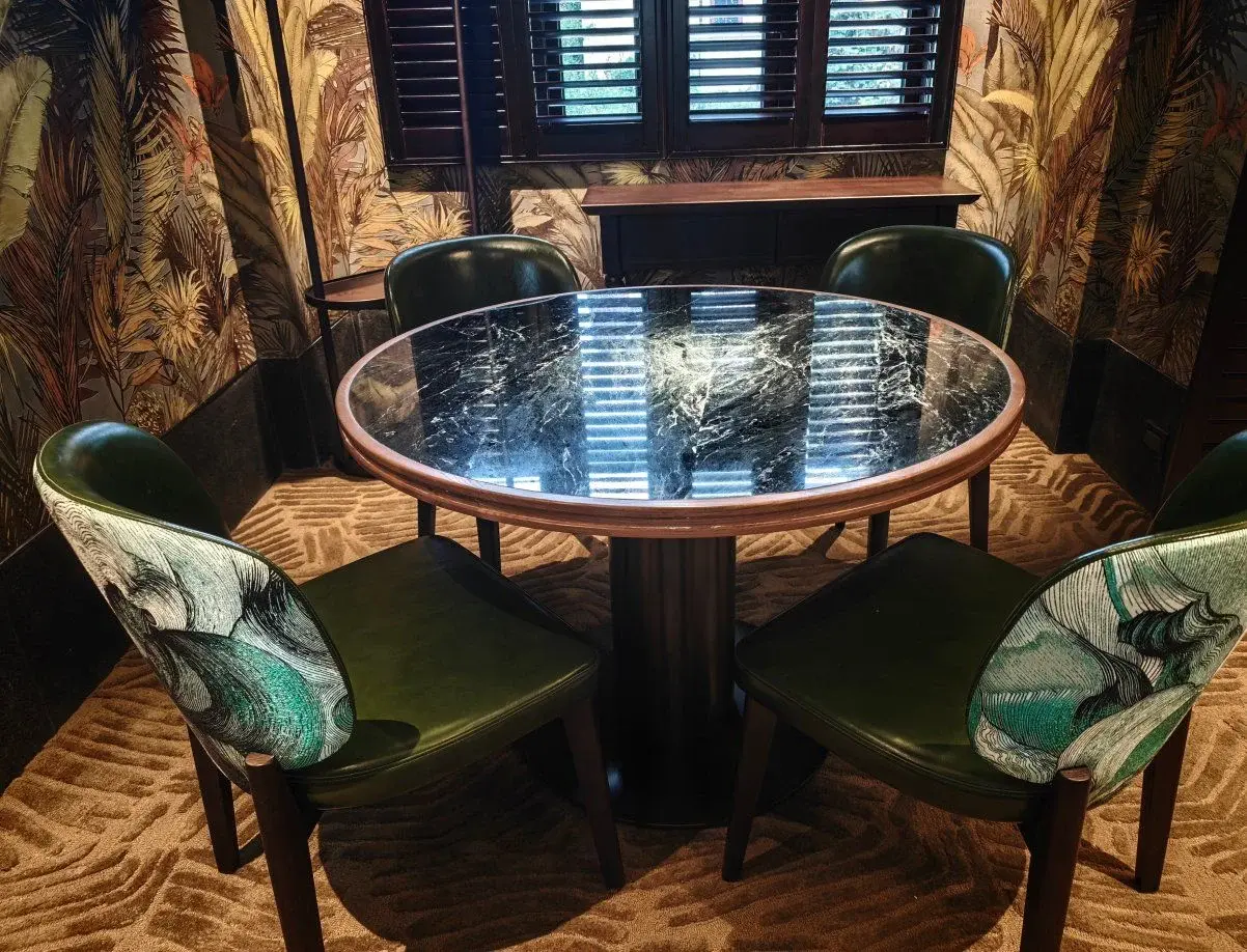 Marble Top Restaurant Table, Solid Wood Base