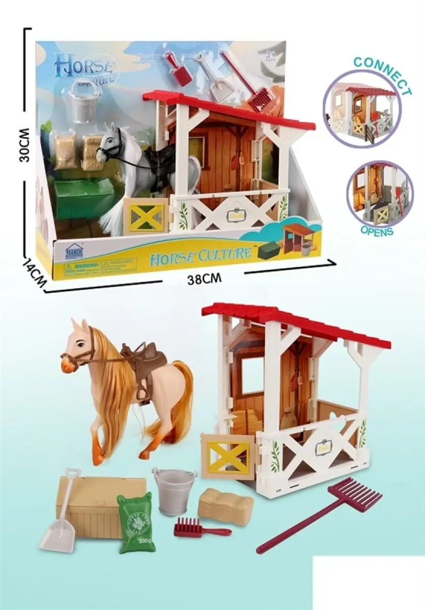 Horse stable set with pony and yard tools, 38 cm