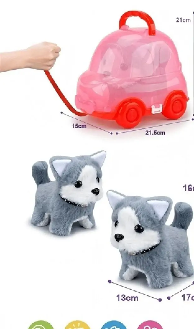 Walking plush husky with pull along car