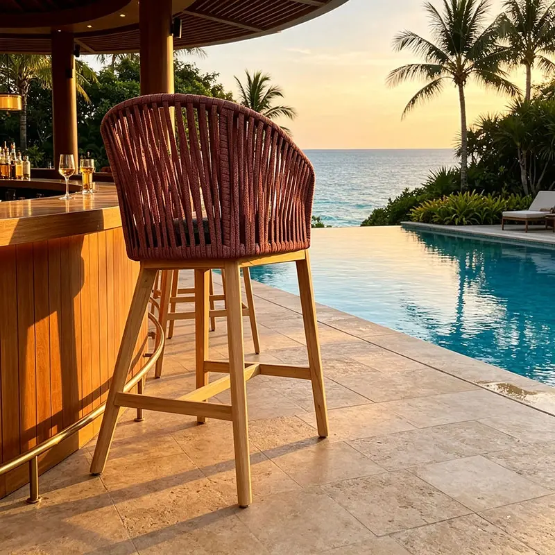 Teak Bar Stool with Rope Back