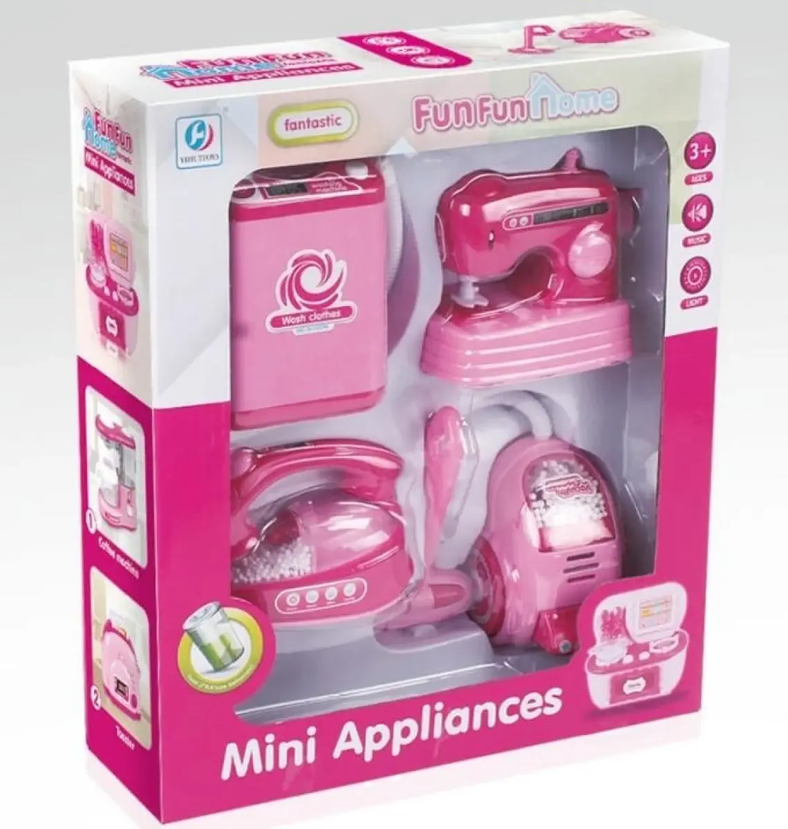 Mini appliance set: washing machine, iron, vacuum, sewing machine