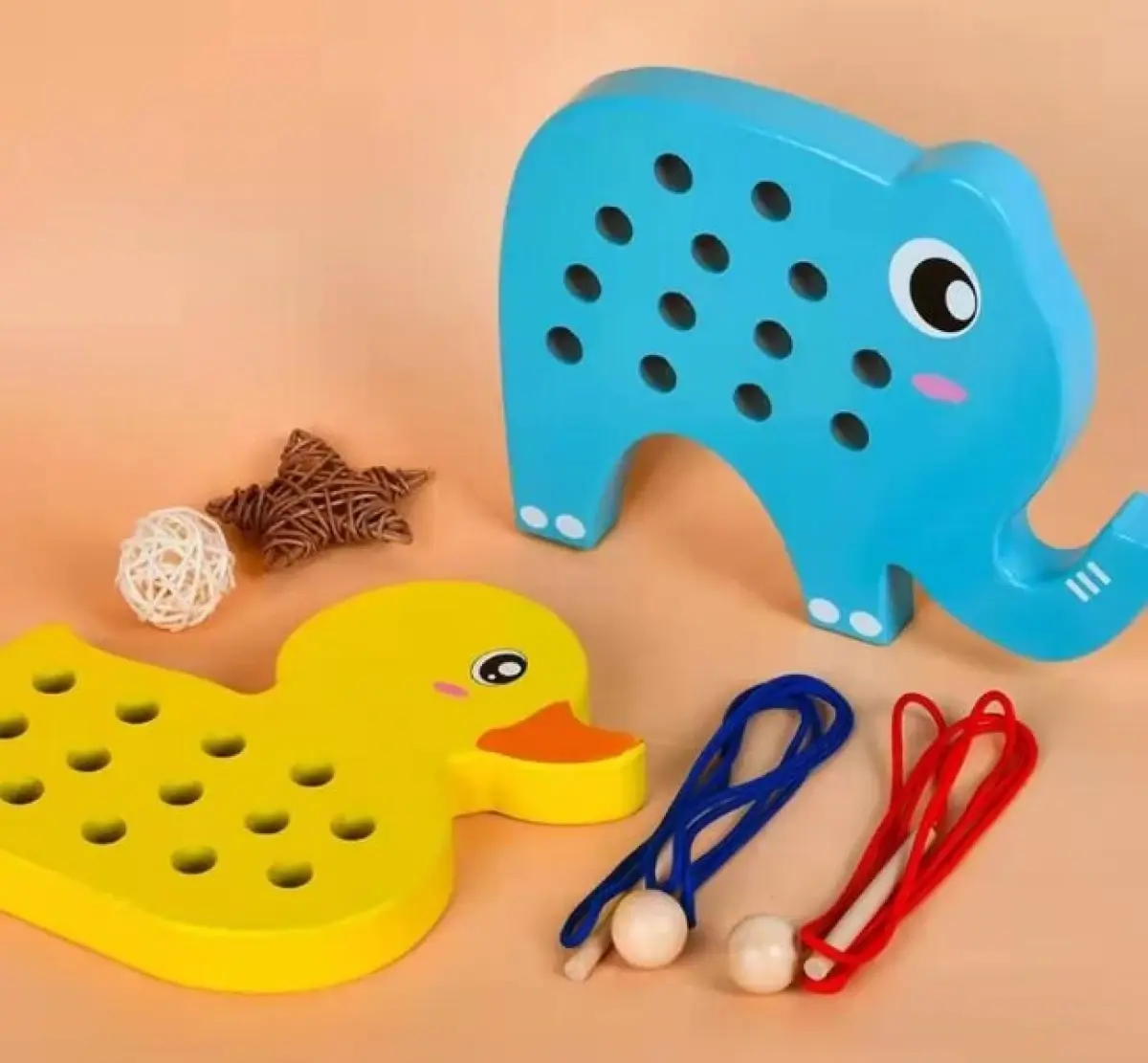 Wooden threading boards, elephant and duck