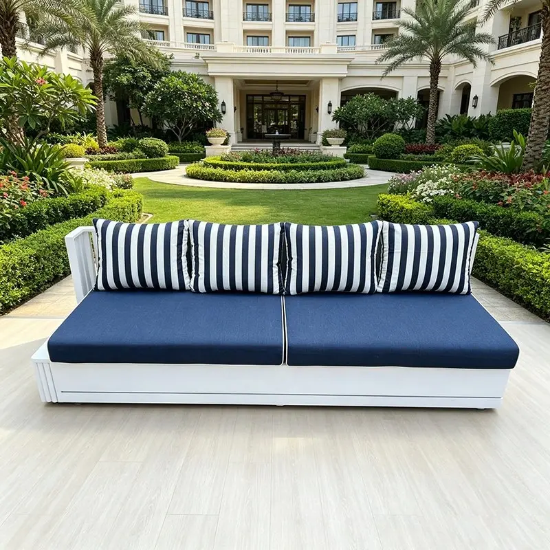White Aluminium Garden Sofa with Navy Cushions