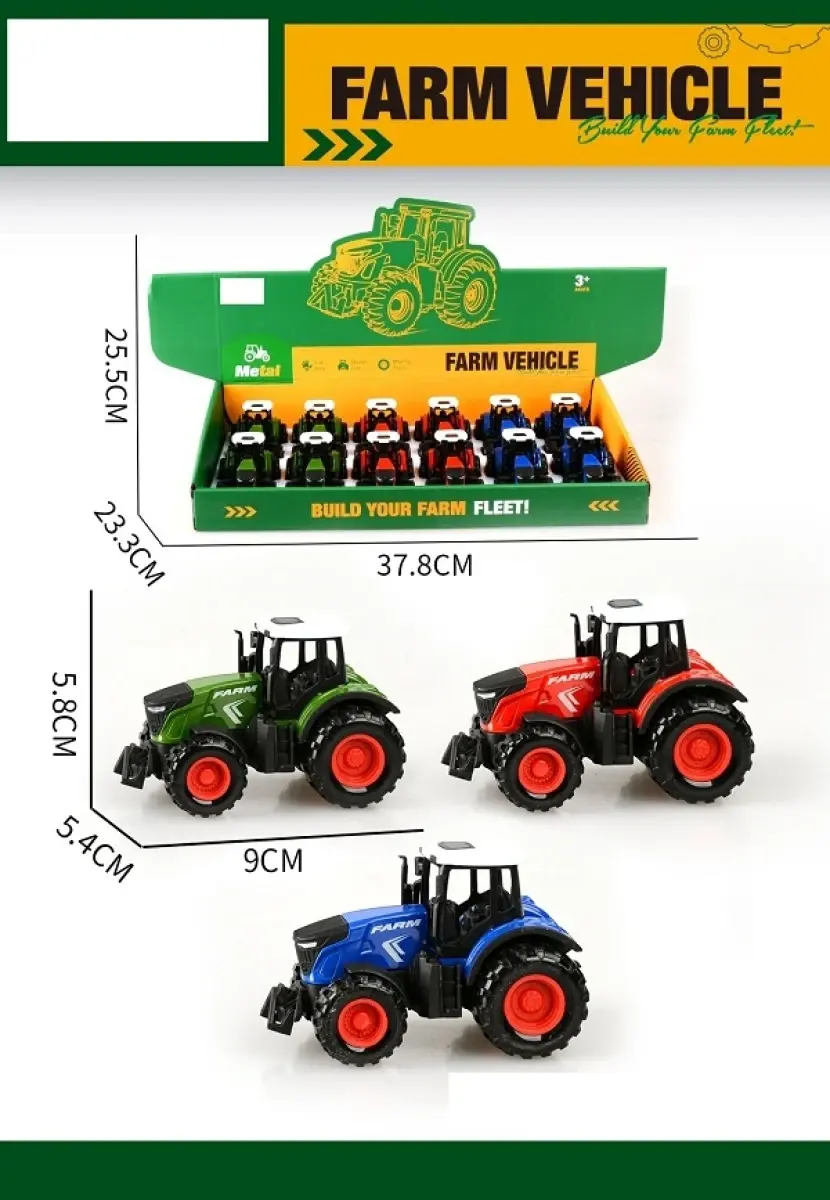 Die-cast farm vehicles, display of 12