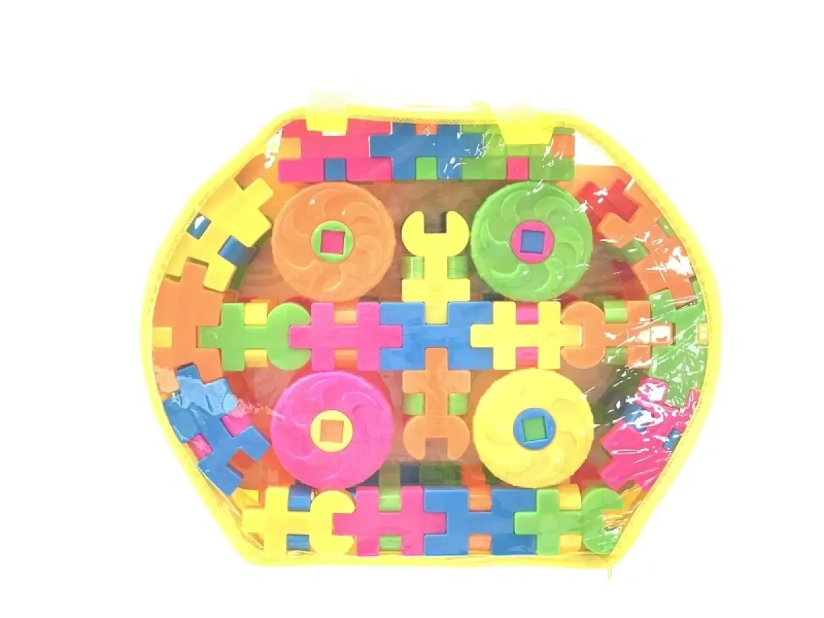 Interlocking puzzle blocks in a shell shaped bag