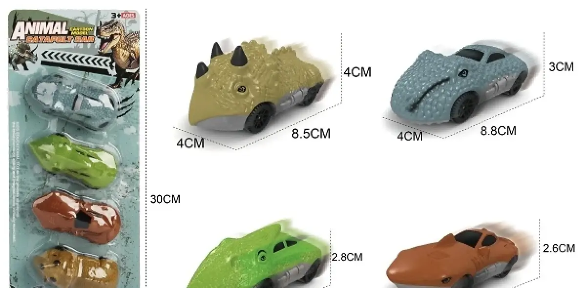 Animal shaped pull-back cars, four on a card