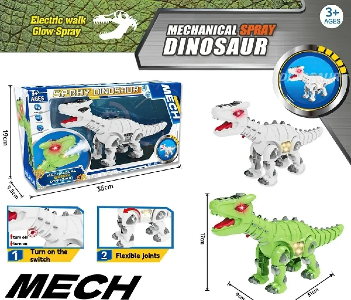 Mechanical dinosaur with spray and glow, 35 cm