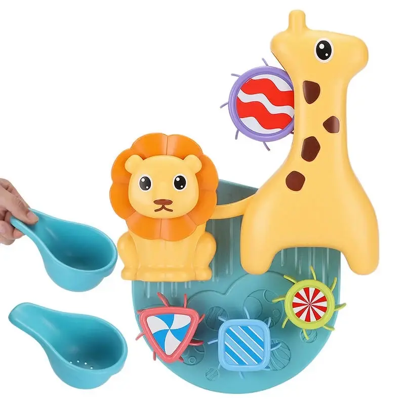 Bath toy water wheel with giraffe and lion