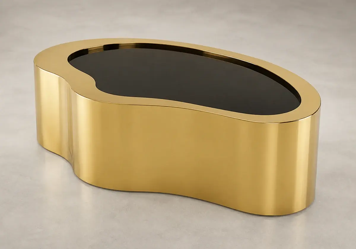 Table basse dorée ondulée, verre encastré
