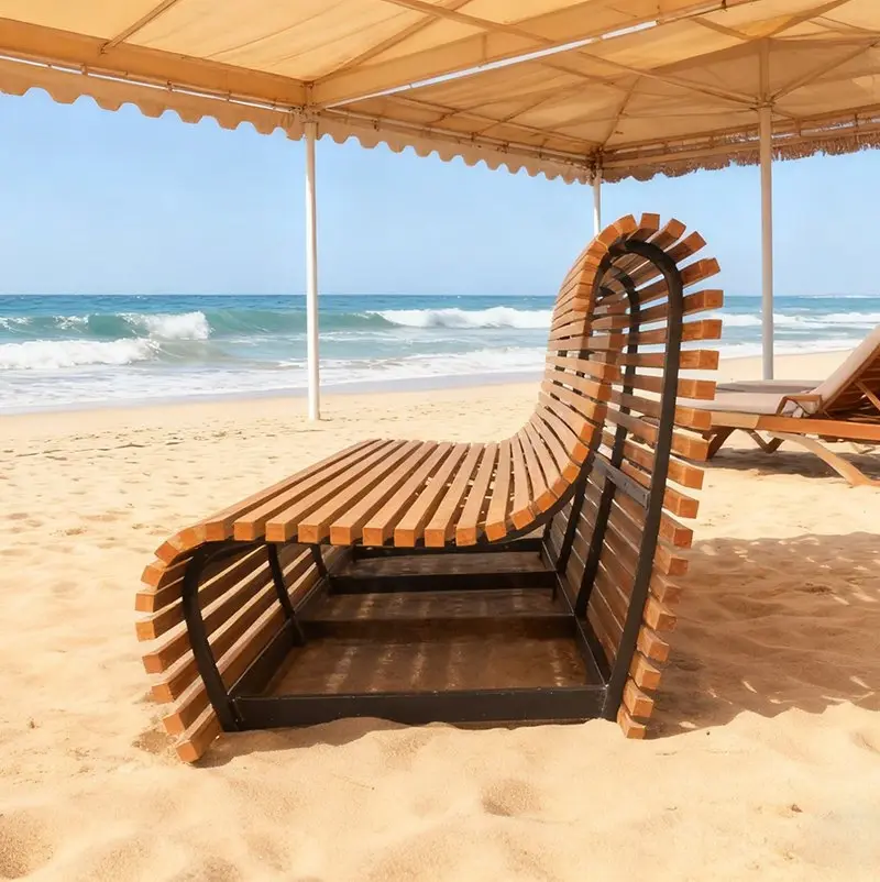 Curved Slatted Bench in Hardwood