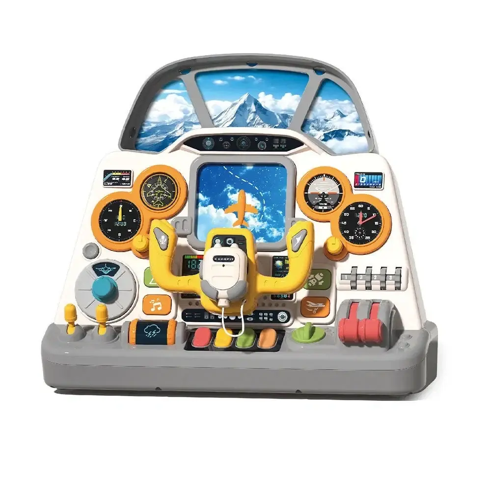 Airplane cockpit play panel with yoke and headset